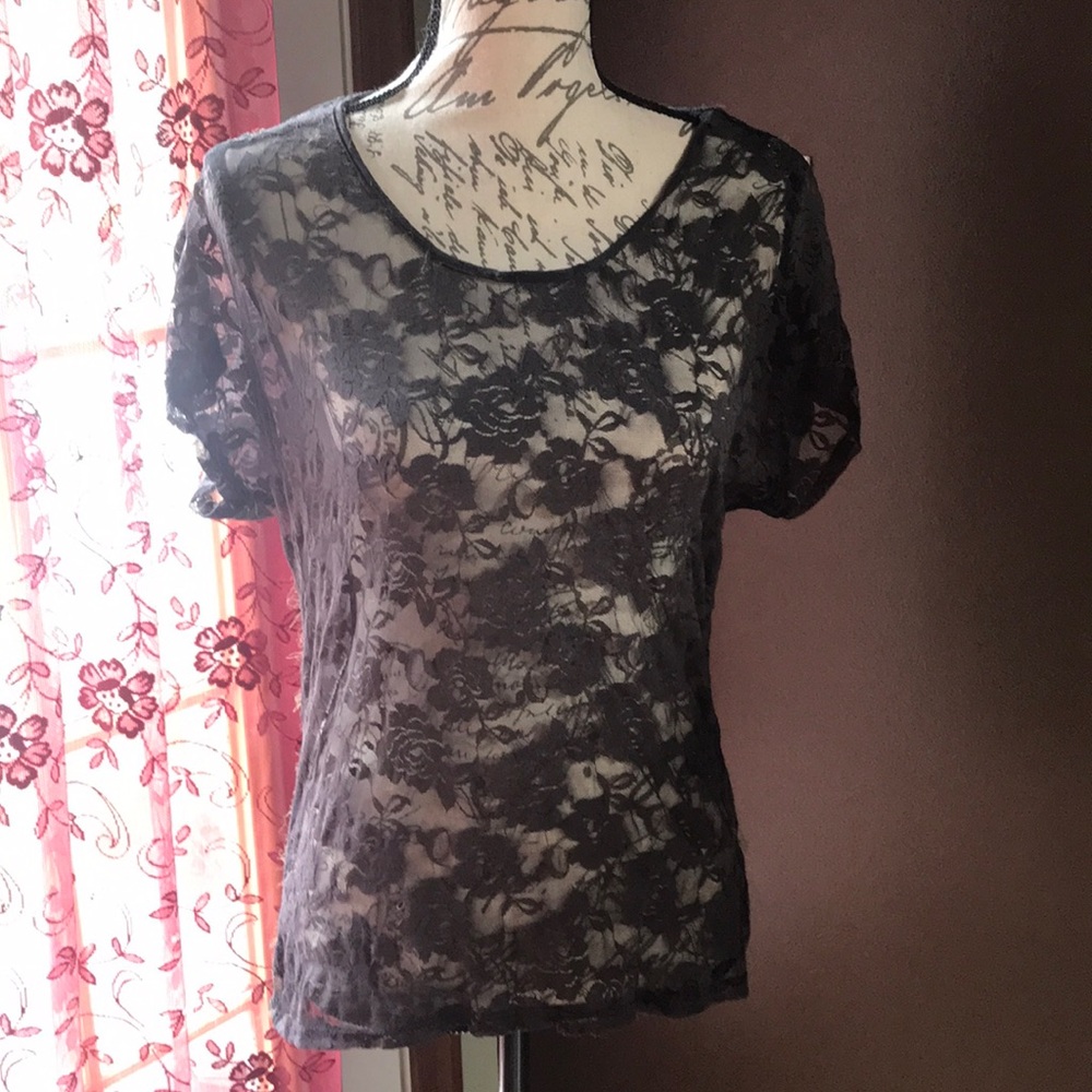 Dark grey sheer floral printed top